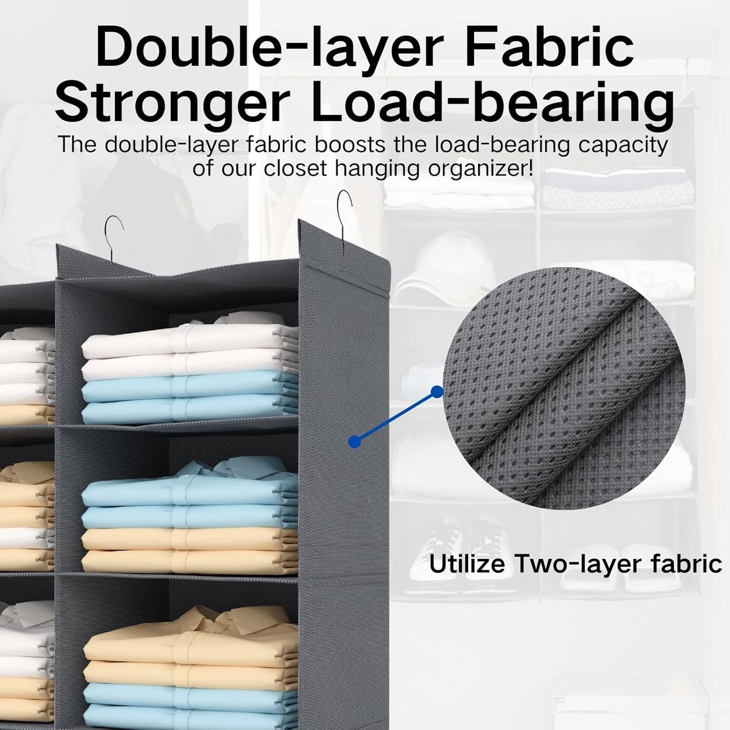 5 Tier Shelf Hanging Closet Organizer, Dual-Row 10 Pocket Cloth Hanging Shelf with 3 Sturdy Hooks for Storage, Foldable (Grey)