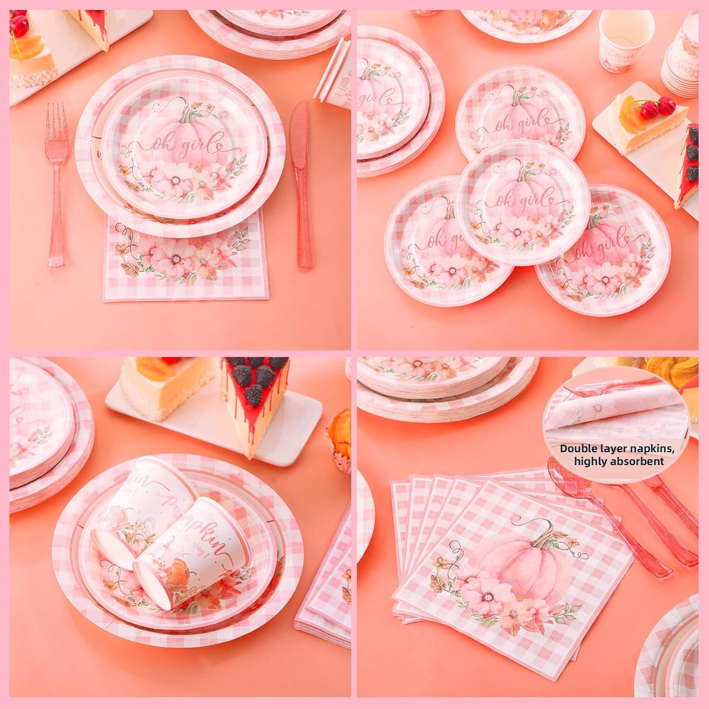 168 Pcs Pink Little Pumpkin Baby Shower Decorations Girl, A Little Pumpkin is on the Way Baby Shower Plates and Napkins Serves 24, Pink Gingham Fall Tableware for Autumn Sweet Girl