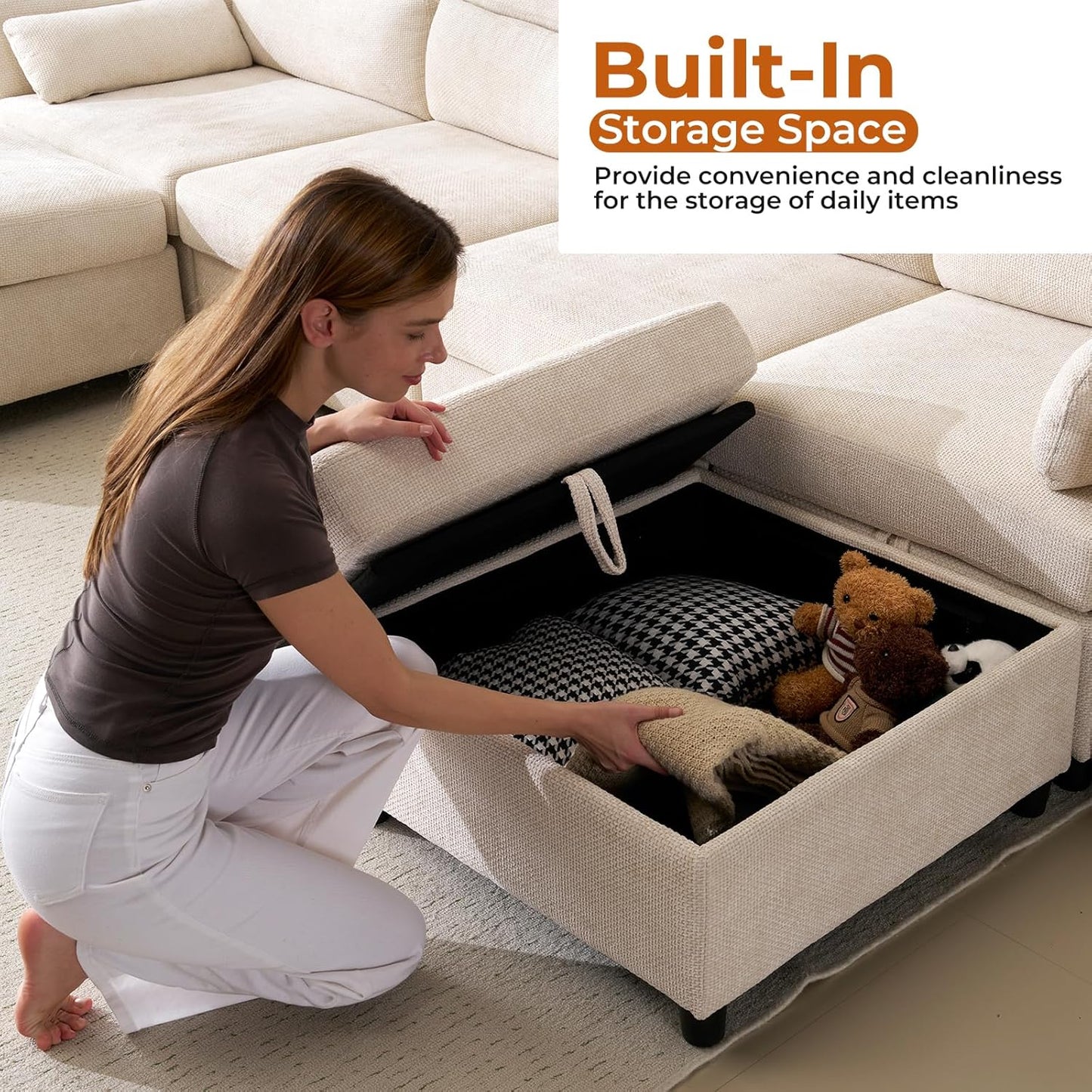 103''U Shaped Modular Sectional Sofa, Comfy Cloud Sectional Couch with Storage Ottoman, Chenille Deep Seat Modern Modular Sofa with 2 Throw Pillows for Living Room,Beige