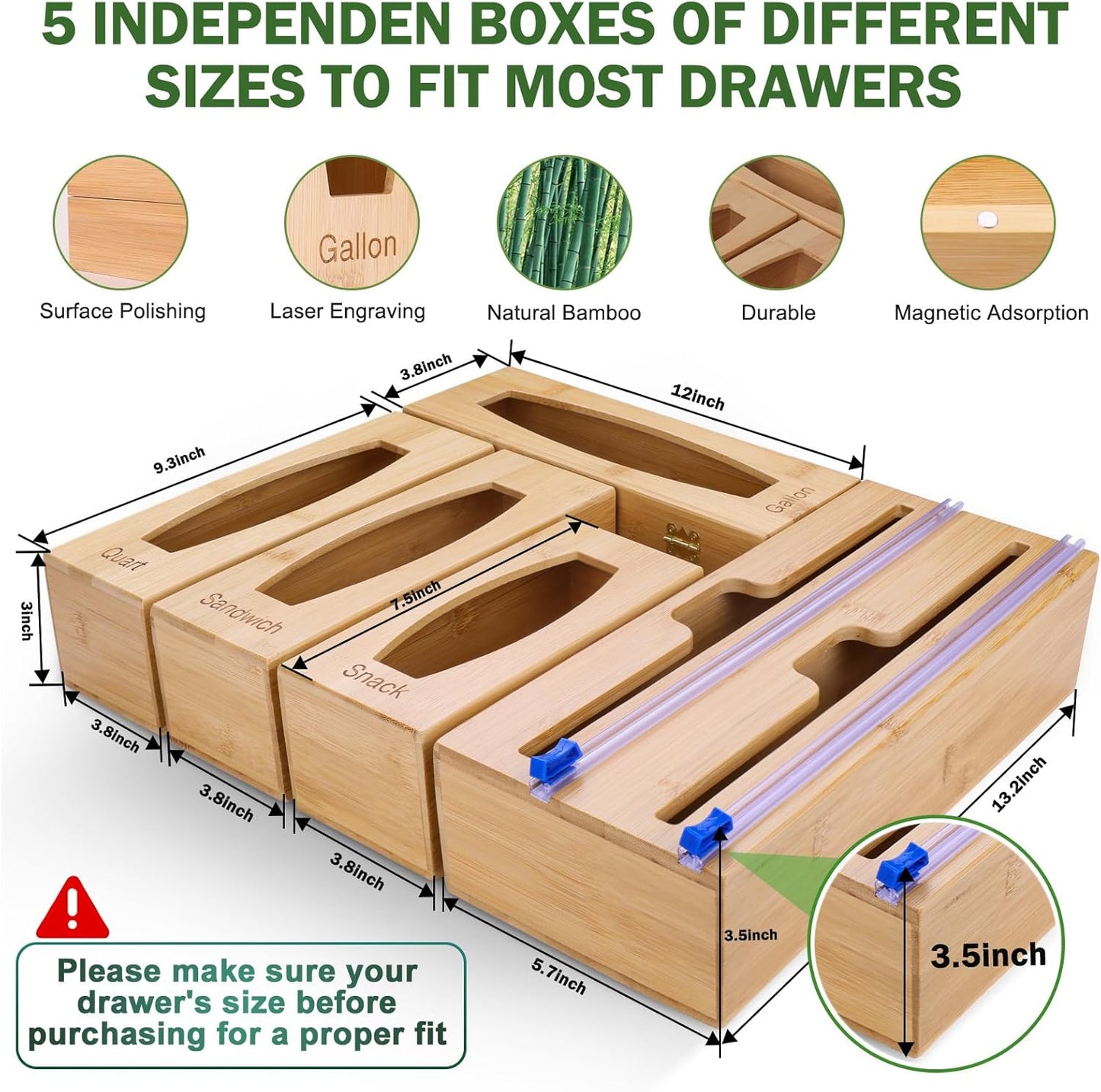Individual Storage Bag Organizer for Kitchen Drawer, Bamboo with Foil and Plastic Wrap Organizer for Kitchen Organizers and Storage, for Gallon, Quart, Sandwich, Snack
