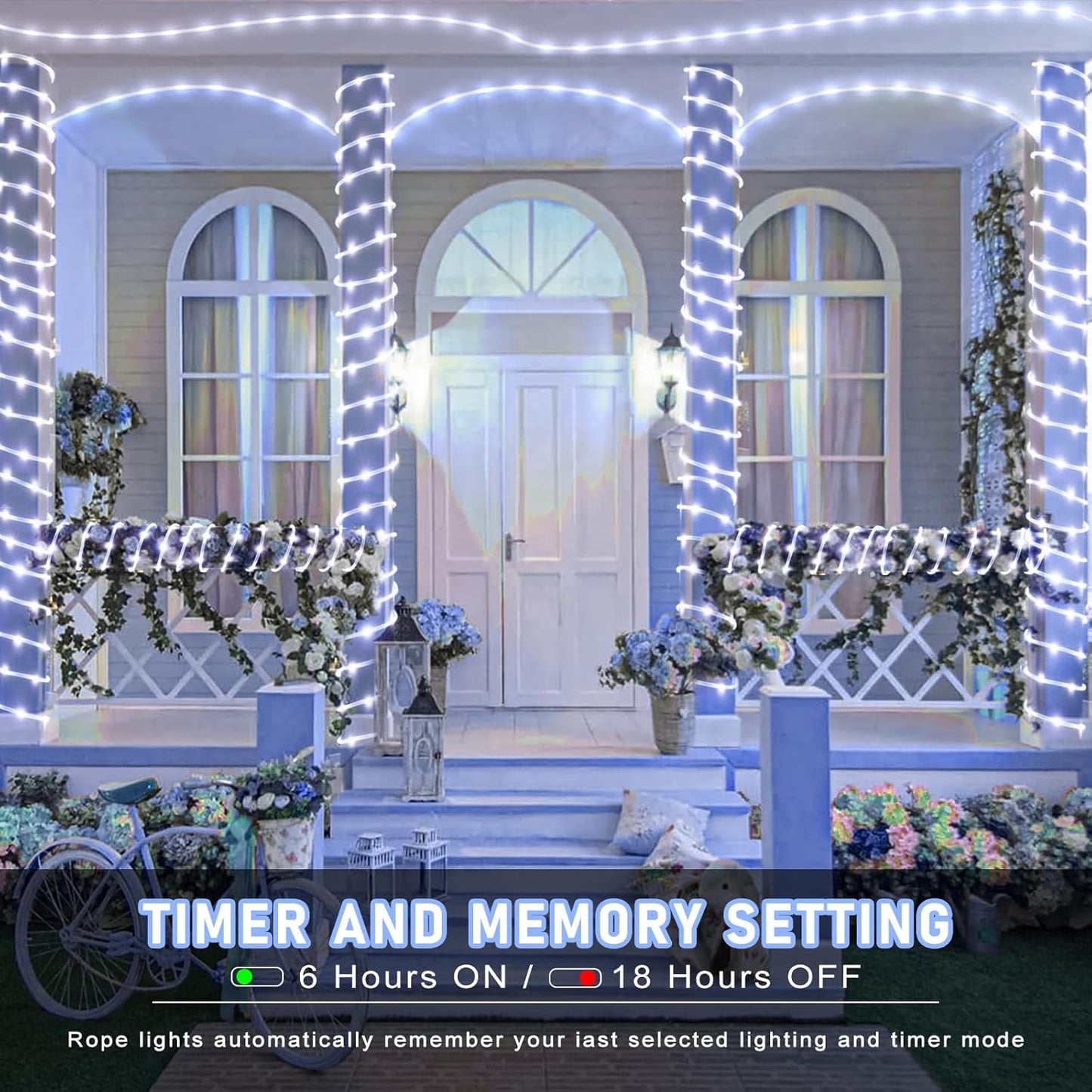 100FT 300 LED Rope Lights Outdoor, Connectable and Flexible Tube Lights with 8 Modes, Waterproof Rope Lighting Indoor for Deck, Garden, Patio, Landscape, Pool, Party Decorations - White