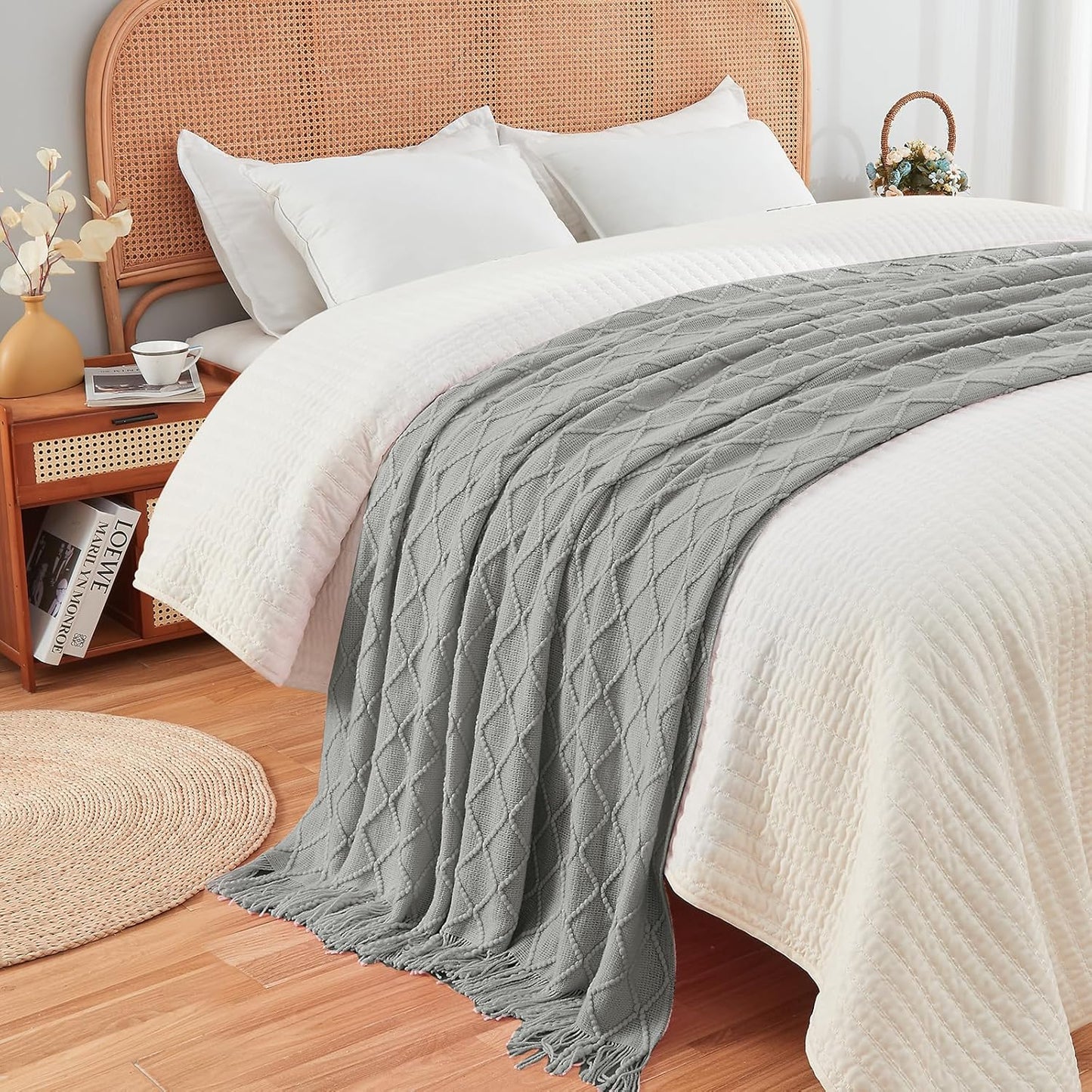 inhand Knitted Throw Blankets for Couch and Bed, Soft Cozy Knit Blanket with Tassel, Light Grey Lightweight Decorative Blankets and Throws, Farmhouse Warm Woven Blanket for Men and Women, 60"x80"