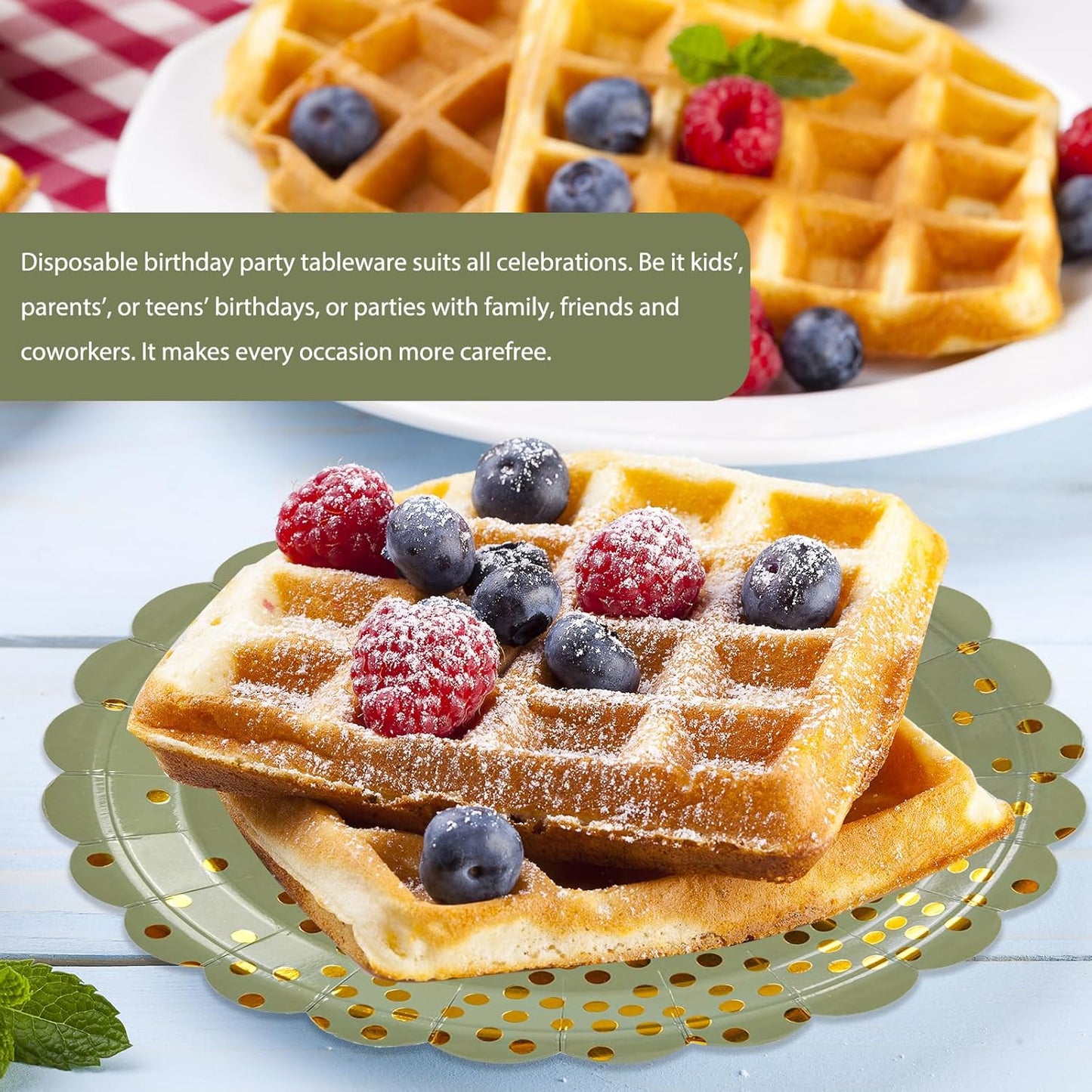 50PCS Sage Green Paper Plates, 7 Inch Scalloped Green and Gold Party Plates Disposable Foil Polka Dots Dessert Plate Cake Plate for Birthday, Baby Shower, Wedding, Bridal Shower St Patricks