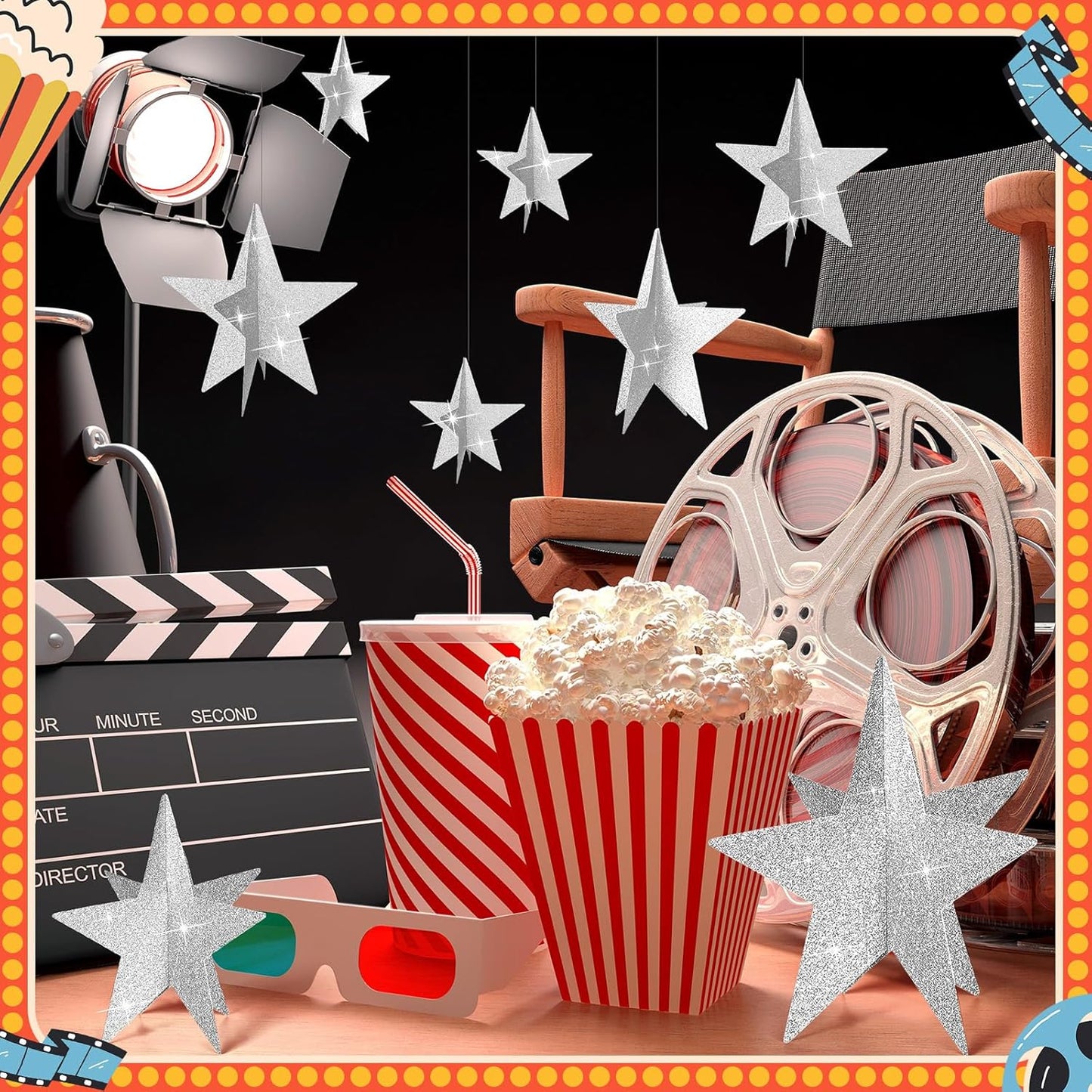 45 Pcs 3D Star Centerpieces Movie Night Decorations for Table in 3 Sizes Hanging Supplies for Red Carpet Film Show Theme Birthday New Year Party First Day of School Table Decor(Silver)