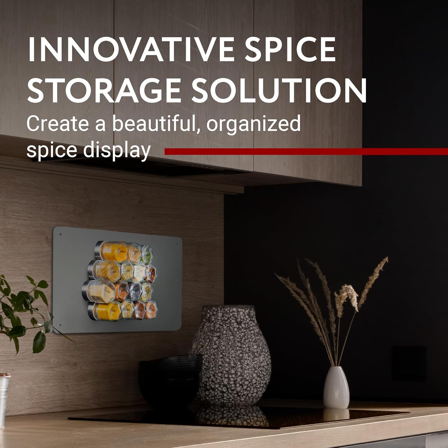 IMPRESA Hexagon Magnetic Spice Jars - 15 Pack 1.74 oz Glass Jars With Stainless Steel Lids - Airtight Magnetic Seasoning Containers & Space-Saving Honeycomb Fridge Magnets - 60 Preprinted Labels