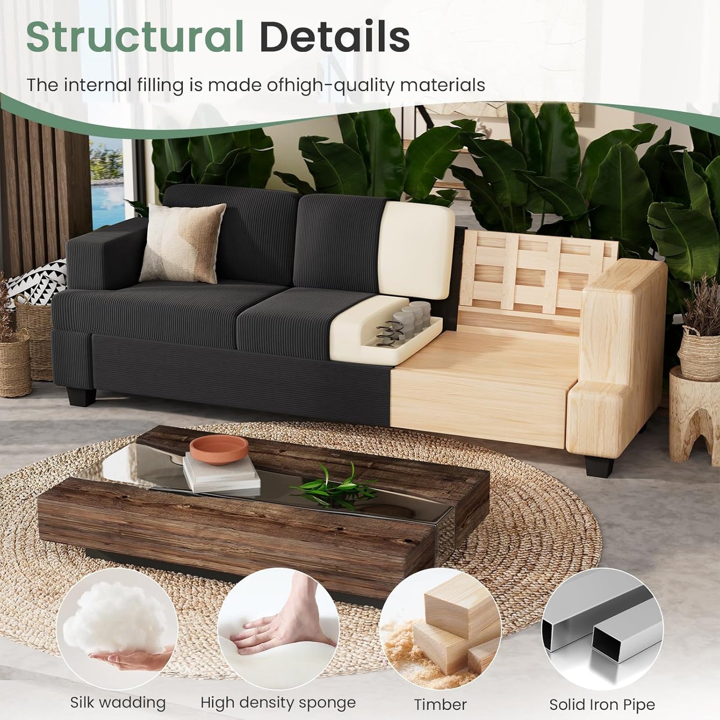 3 Pieces Corduroy Couch Set for Living Room, 8 Seats Cloud Sofa, Deep Seat Floor Couch for Bedroom, Futon Modern Sofa Sectional Bed, Black Corduroy