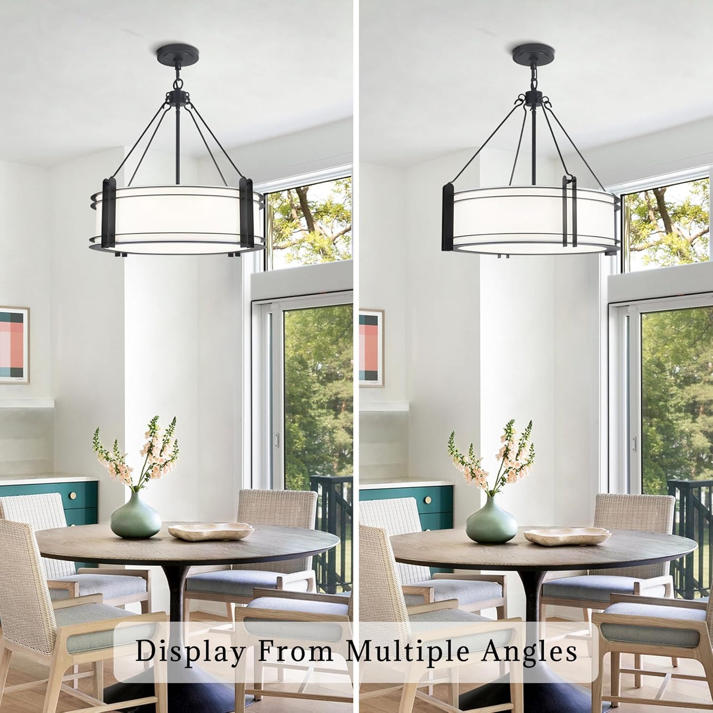 20.4''Drum Chandelier,5-Light Fabric Modern Chandeliers,Black Farmhouse Round Pendant Light Fixture for Dining Room Kitchen Island Living Room Bedroom Hallway