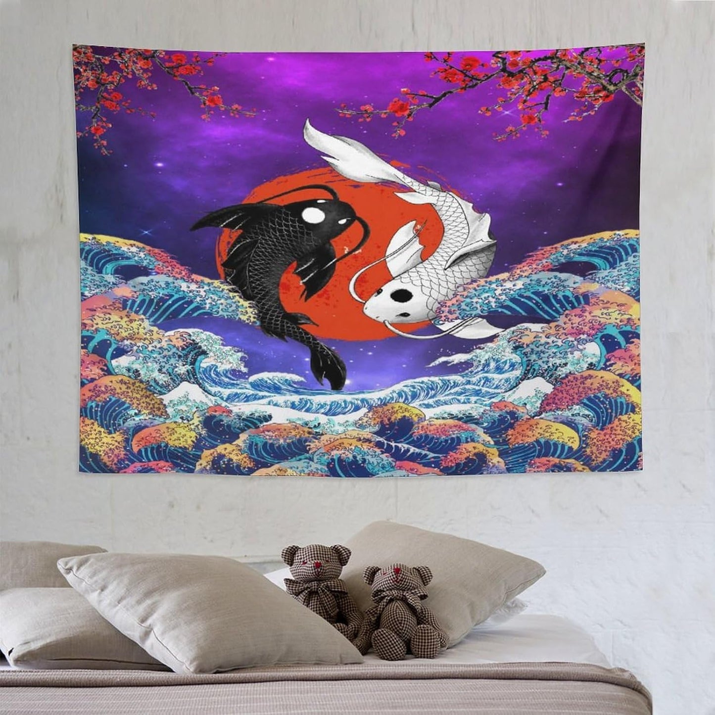 Houselerax Japanese Koi Fish Tapestry, Yin Yang Big Wave Cherry Blossom Tapestries Wall Hanging for Bedroom Living Room Office Decor 80"x60"