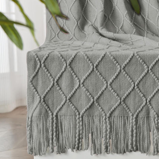 inhand Knitted Throw Blankets for Couch and Bed, Soft Cozy Knit Blanket with Tassel, Light Grey Lightweight Decorative Blankets and Throws, Farmhouse Warm Woven Blanket for Men and Women, 50"x60"
