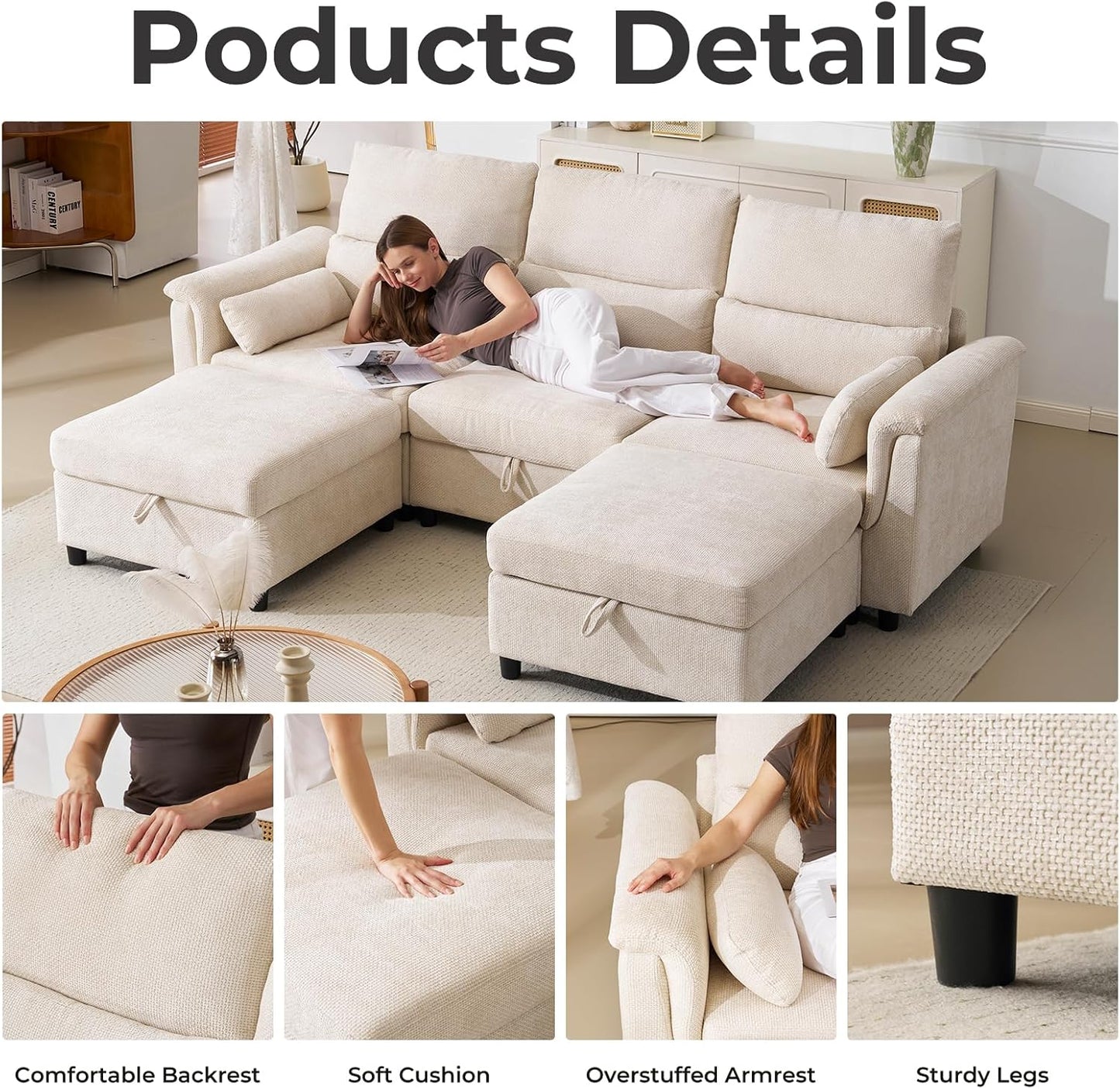 103''U Shaped Modular Sectional Sofa, Comfy Cloud Sectional Couch with Storage Ottoman, Chenille Deep Seat Modern Modular Sofa with 2 Throw Pillows for Living Room,Beige