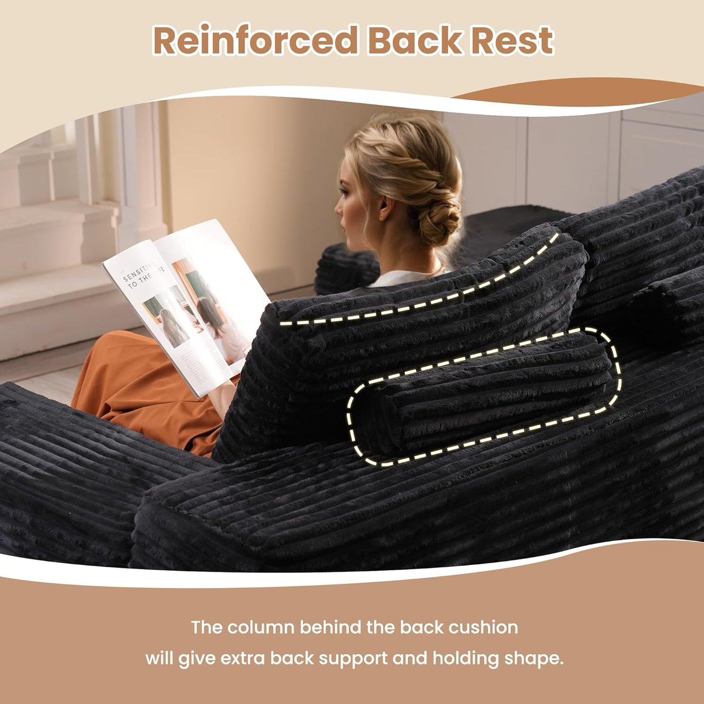 HOOOWOOO Cloud Sectional Couches for Living Room,Modular Sectional Sofa No Assembly,133X70 Inch Plush Corduroy Large U Shaped Floor Couch Set with Deep Seat Chaise Lounge(Black)