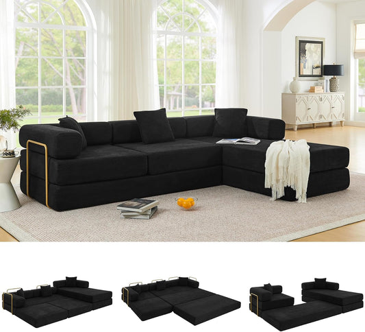 108" Oversized Convertible Sleeper Sofa Bed, Corduroy L Shape Sectional Couch, Folding Sofa Bed with Side Pocket, Modern Cloud Floor Mattress Couch, Modular Sofa for Living Room, Black