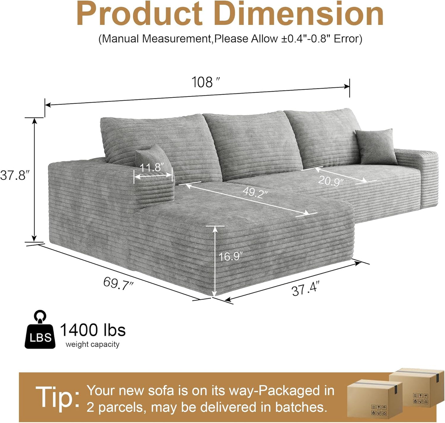 108" Sectional Couches for Living Room Modern Modular Sofa with L-Shape Couchs Upholstered Boneless Couch Deep Seat Sectional Couch with Chaise (Grey, Left Facing Chaise+2Seaters)
