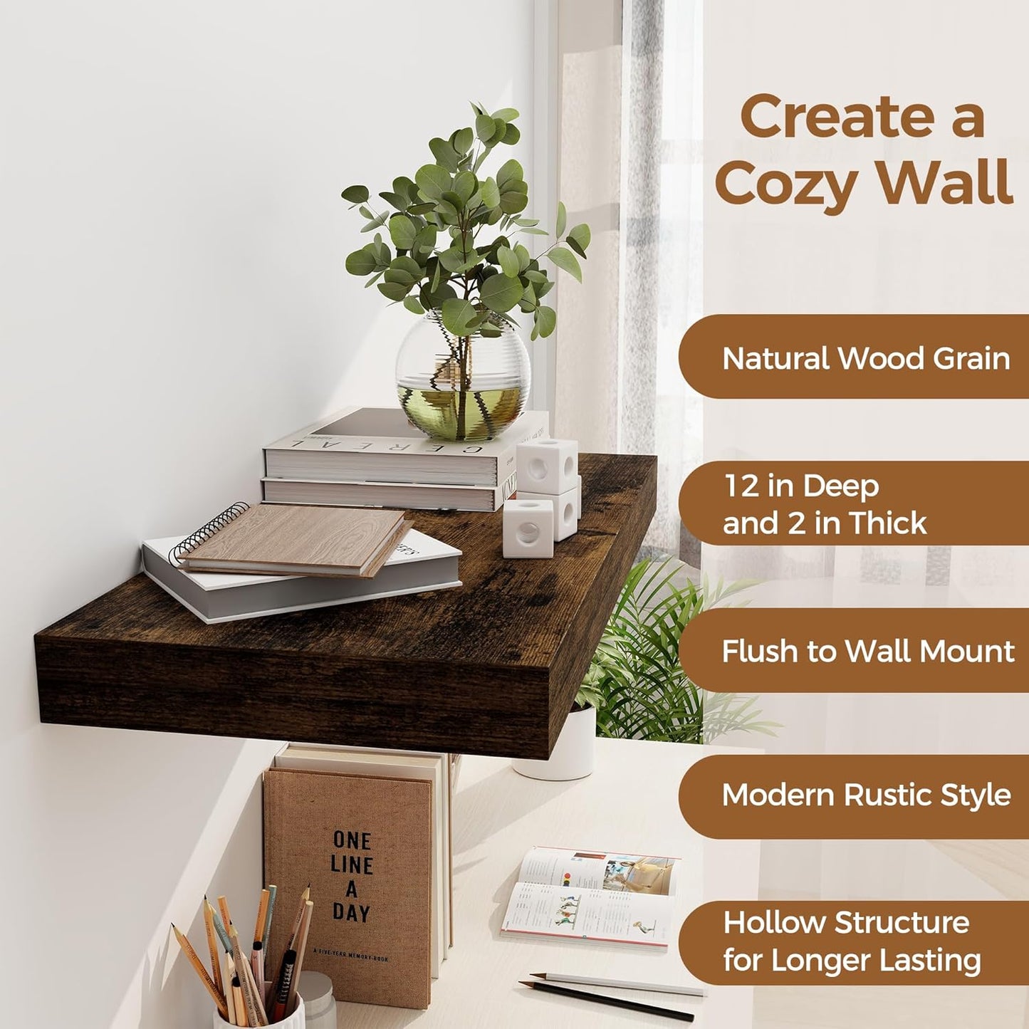 12 Inch Deep Floating Shelves, 24 x 12 Floating Shelf for Books, Rustic Wood Deep Wall Shelves for Home Storage & Display, 2" Thicked Shelves for Kitchen, Living Room, Bedroom, Rustic Brown, 1 Pack