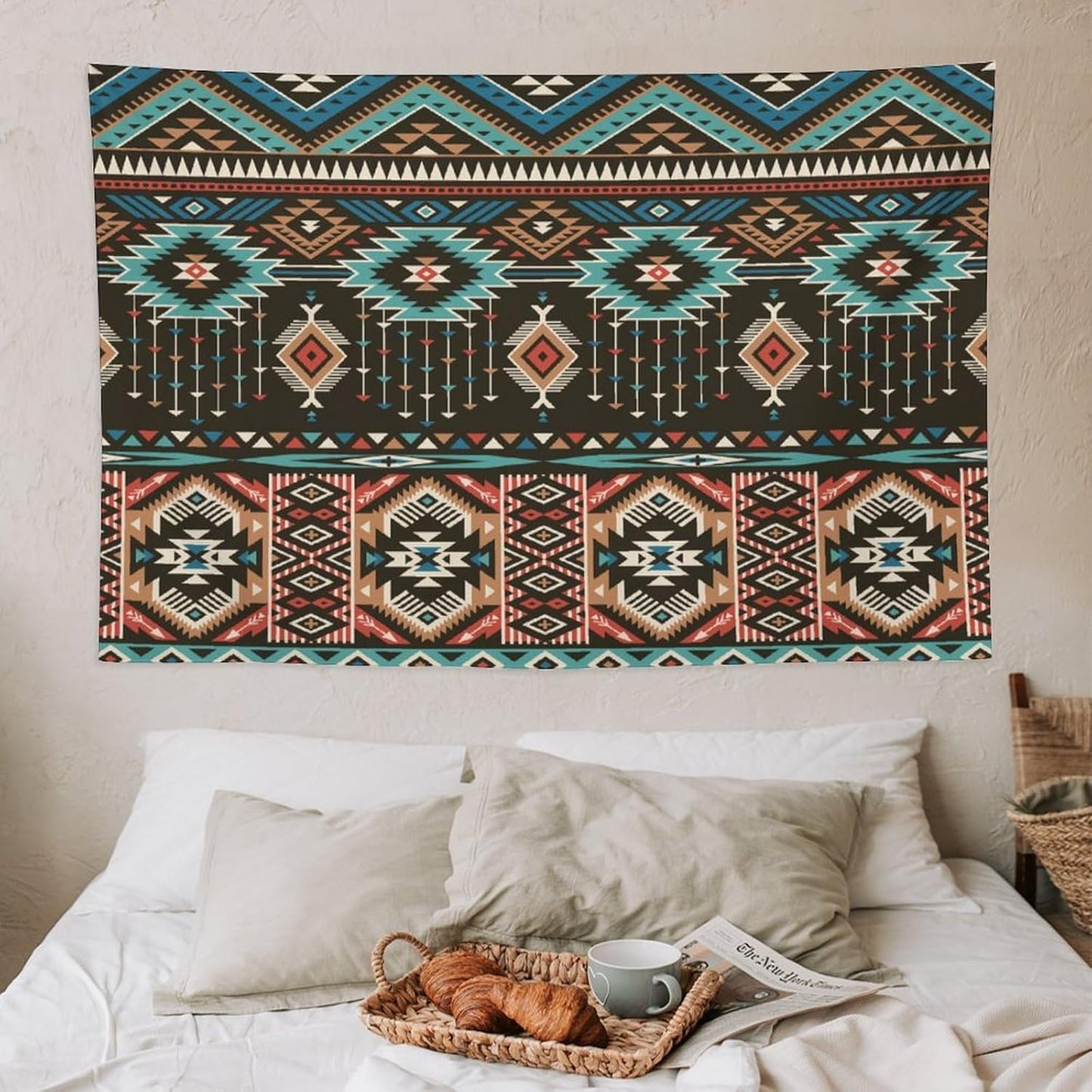 HZOHNAGO Aztec Tapestry Turquoise Blue and Brown and Native American Tribal Pattern Printed Wall Tapestry Wall Hanging for Bedroom Living Room Dorm 60" W x 40" H
