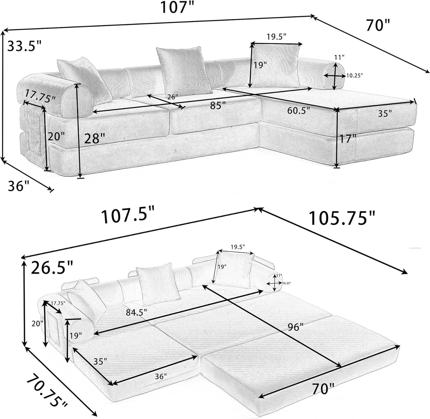 107" Oversized Convertible Sleeper Sofa Bed, Corduroy L Shape Sectional Couch, Folding Sofa Bed with Side Pocket, Modern Cloud Floor Mattress Couch,Modular Sofa for Living Room,Dark Blue