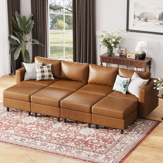 118.5" Luxury Modular Sleeper Sofa Bed with Storage Seat, 8 Seat Sectional Couch Deep Seat with Reversible Chaises & Removable Cover - Brown Faux Leather