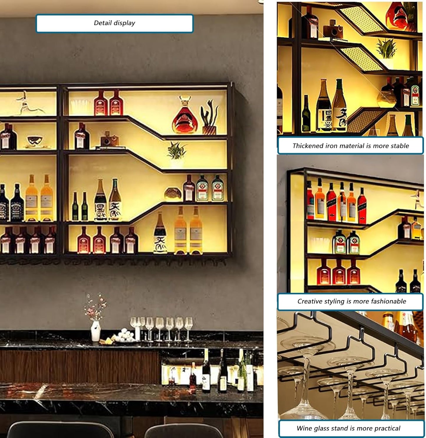 118in Wall Mounted Wine Rack with LED Light, 5-Tiers Liquor Bottles Display Shelf with Glasses Holder, Metal Home Bar Shelves with Industrial Iron Frame for Kitchen (Black, 118in/9.84ft)