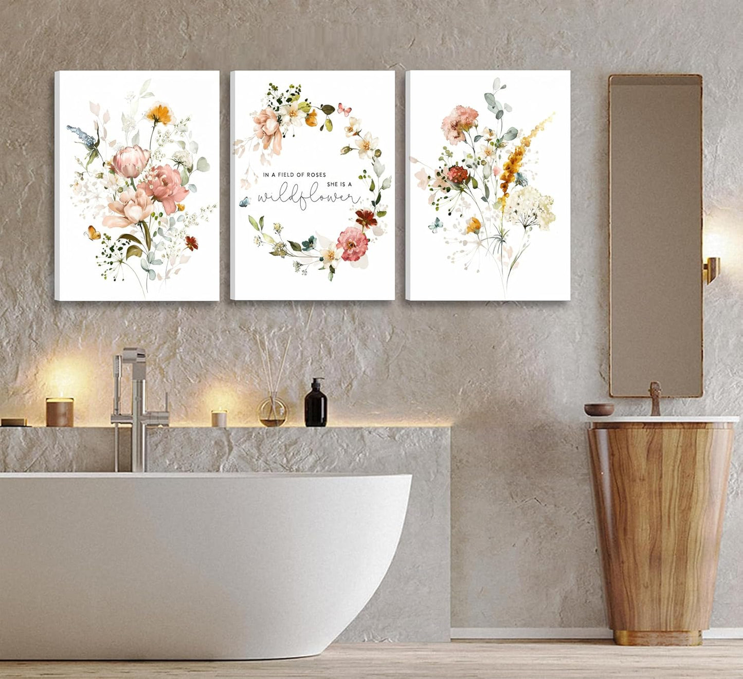 3Pcs Framed Watercolor Flowers Canvas Wall Art In A Field Of Roses She Is A Wildflower Painting Picture Wall Decor Pink wreath Poster Print Artwork for Nursery living room Girls Room Home Decoration