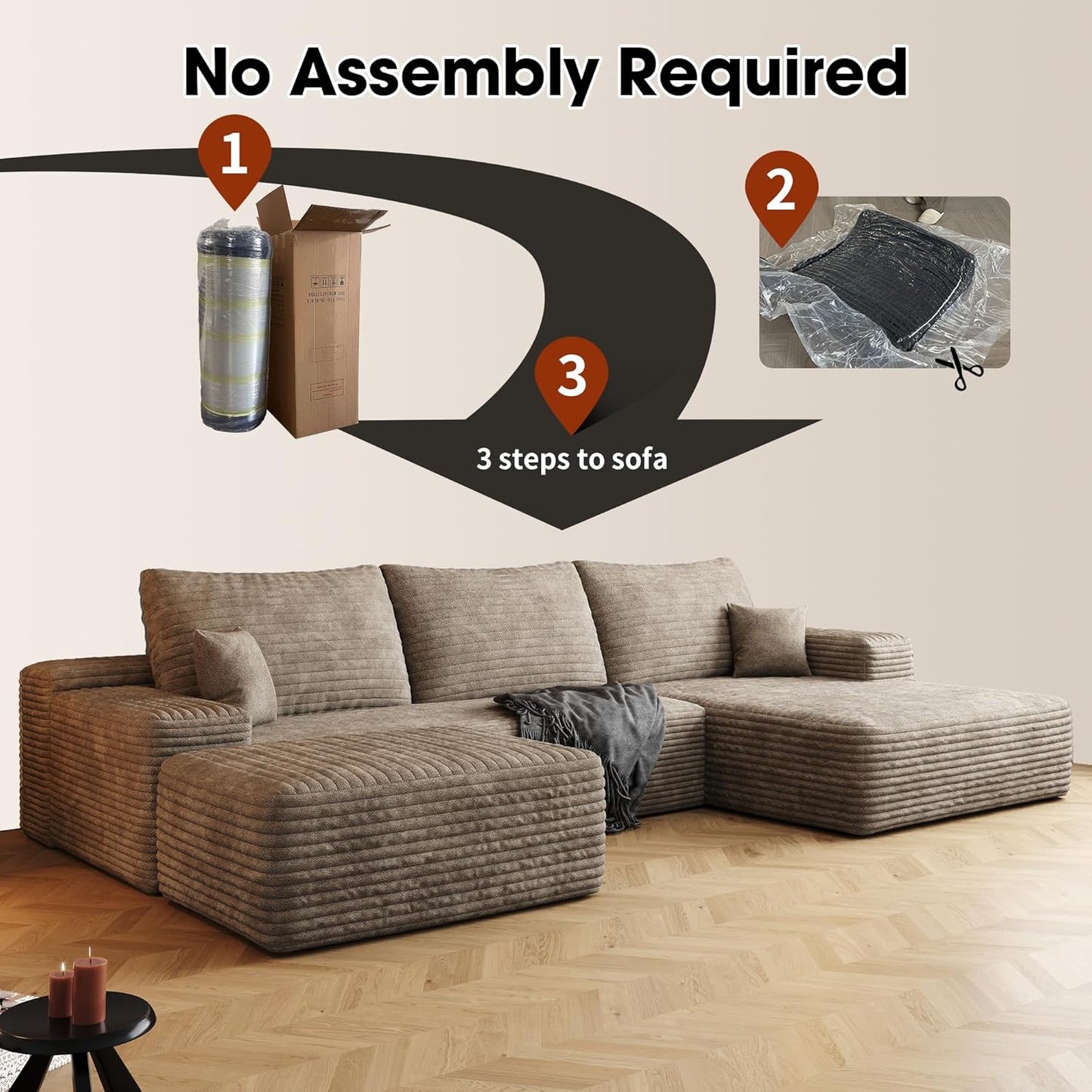 108" Sectional Couches for Living Room Modern Modular Sofa with L-Shape Couchs Upholstered Boneless Couch Deep Seat Sectional Couch with Chaise (Camel, Right Facing Chaise+2Seaters+1Ottoman)