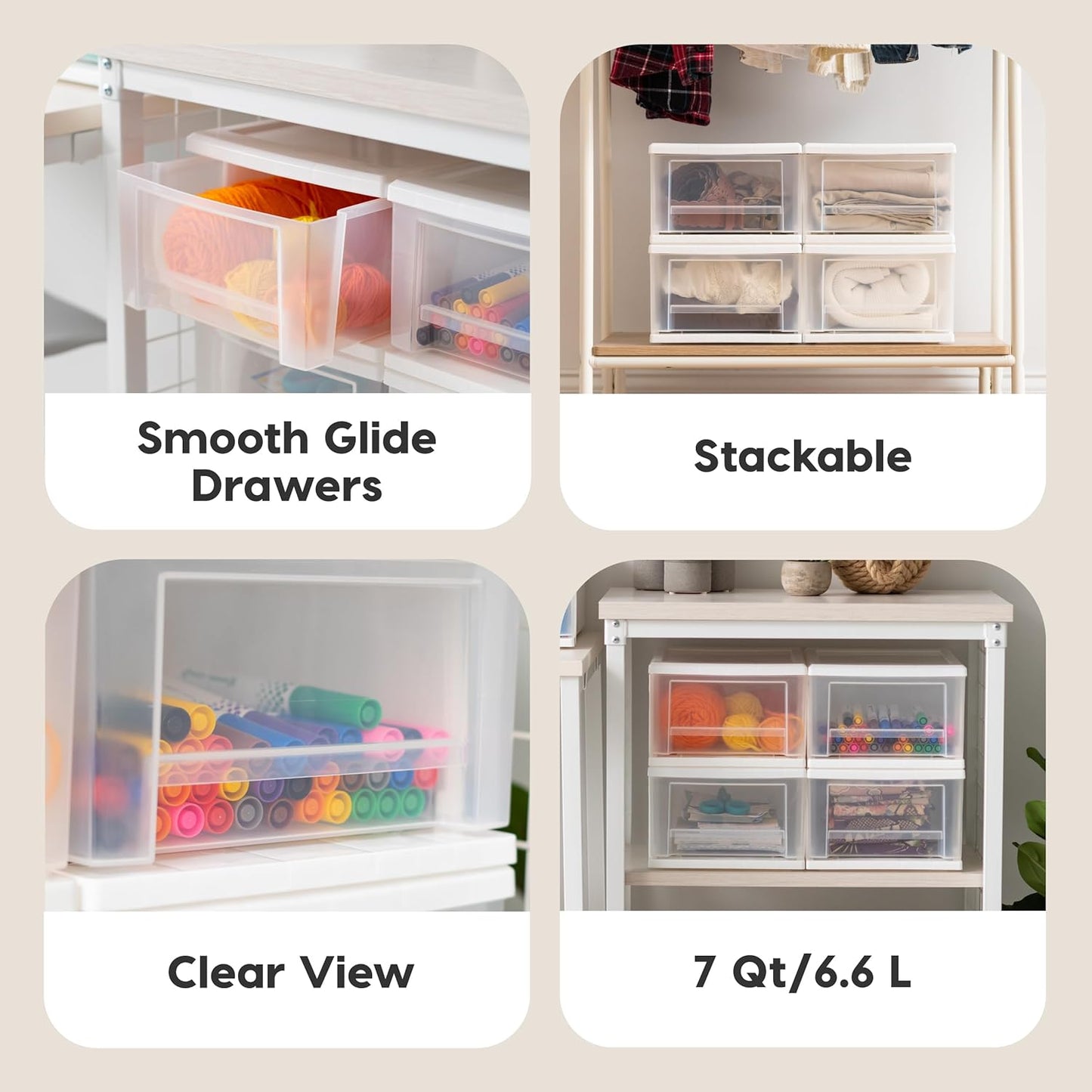 IRIS USA 7 Qt. Plastic Drawer Storage Organizer Stacking Drawers, 4-Pack, Stackable Unit with Sliding Drawer for Clothes Bedroom Kitchen Under Sink Pantry Craft Room Bathroom Dorm Office, White