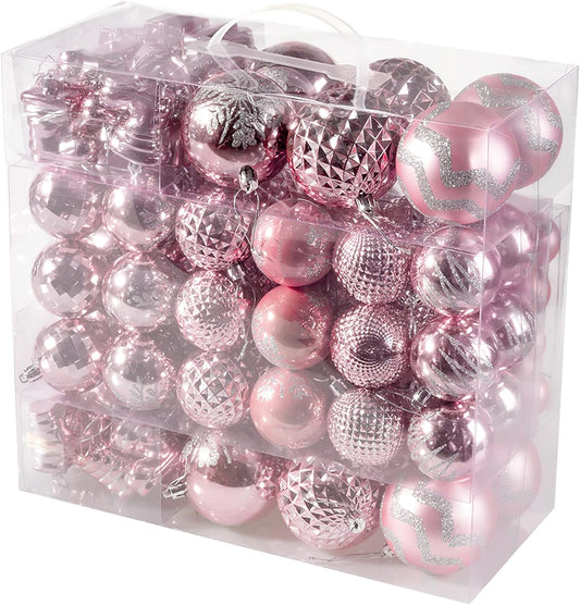 116Pcs Pink Christmas Ball Ornaments Set, Shatterproof Christmas Hanging Decoration Set with Gift Box, Assorted Decorative Baubles Set for Xmas Tree/Home/Wedding/Party/Holiday (Pink)