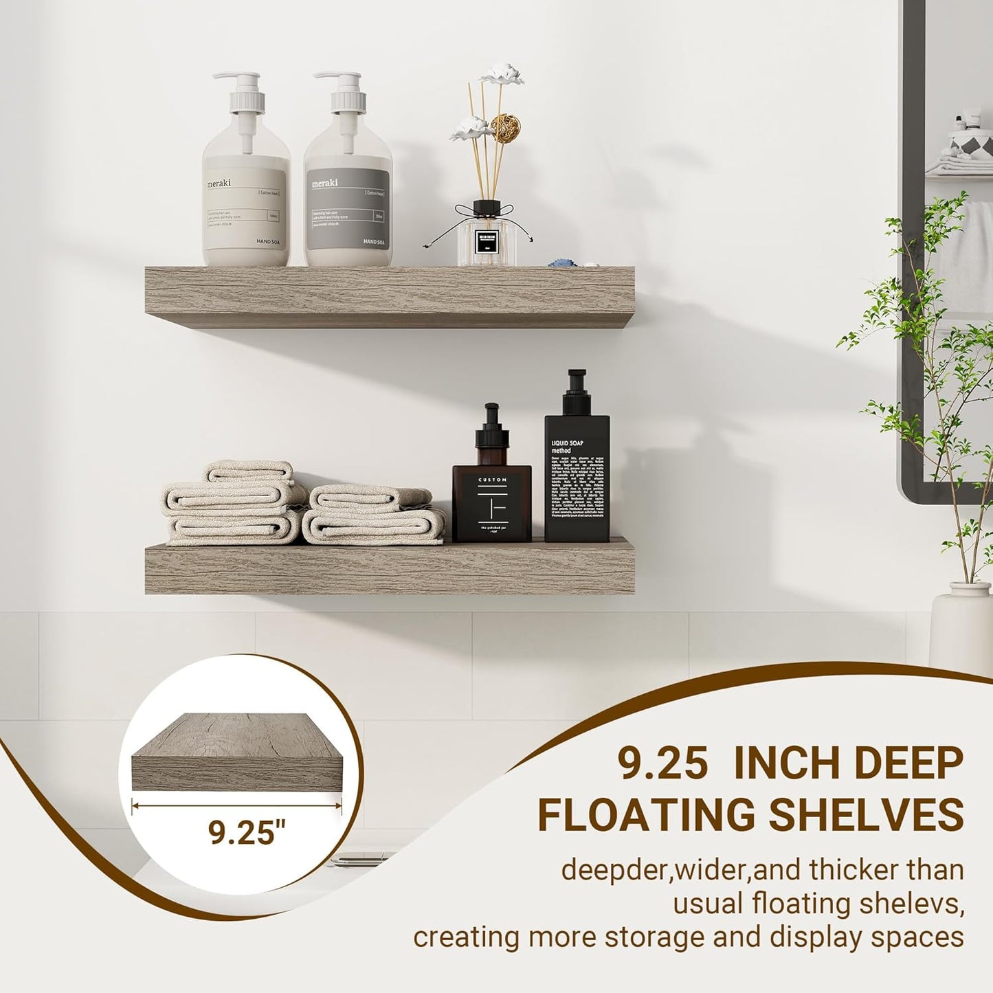 16 Inch Floating Shelves, 3D Textured Wood Grain, 16"x9.25"x1.5" Inch Deep Floating Shelves for Wall, Wooden Shelves for Bathroom, Bedroom, Living Room, Vintage Gray Oak