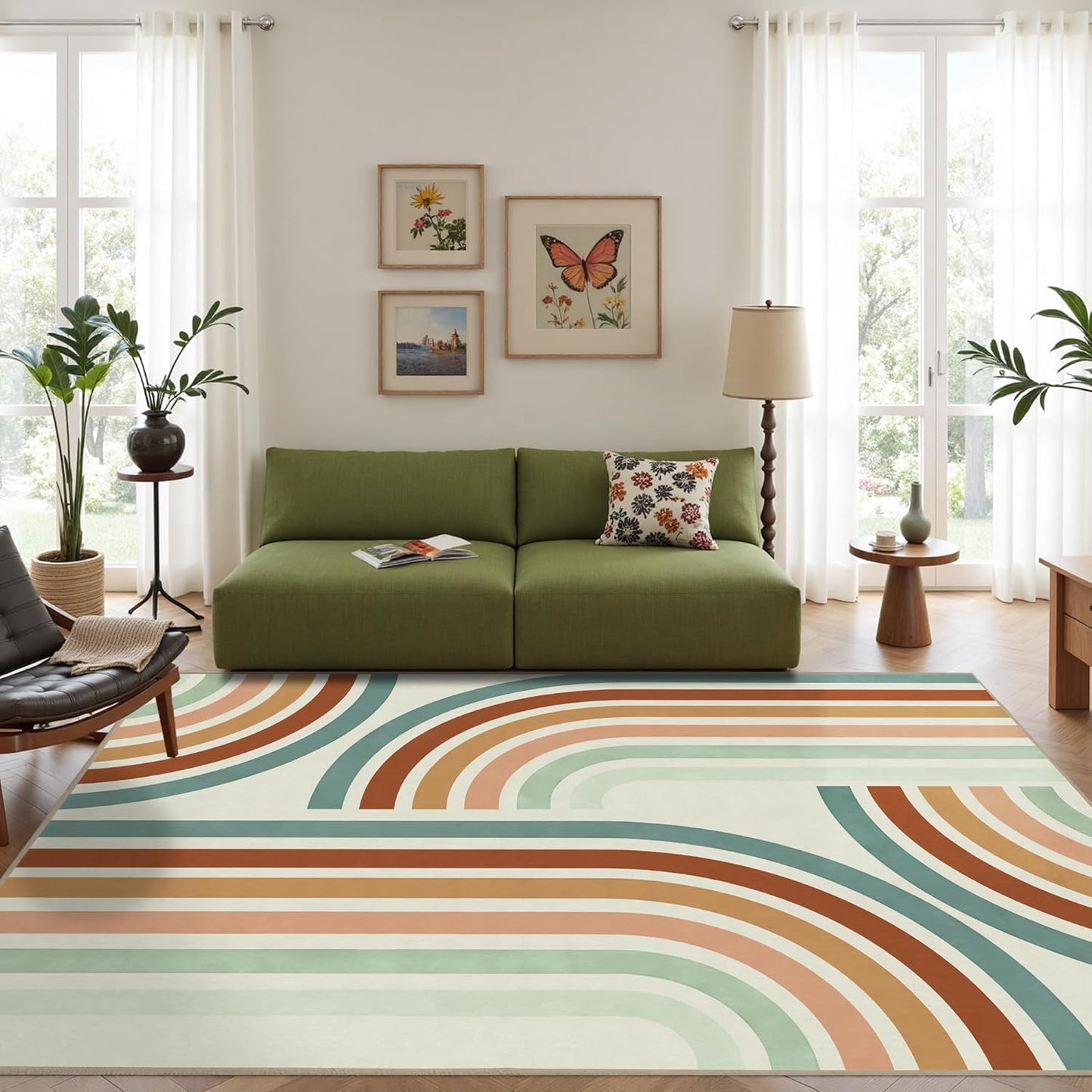 Indoor Outdoor Area Rug, Mid Century Modern Multicolored Outdoor Patio Rug,Washable Abstract Art Rainbow Rugs Non-Slip Carpet for Camping, Bedroom, Deck(8x10)