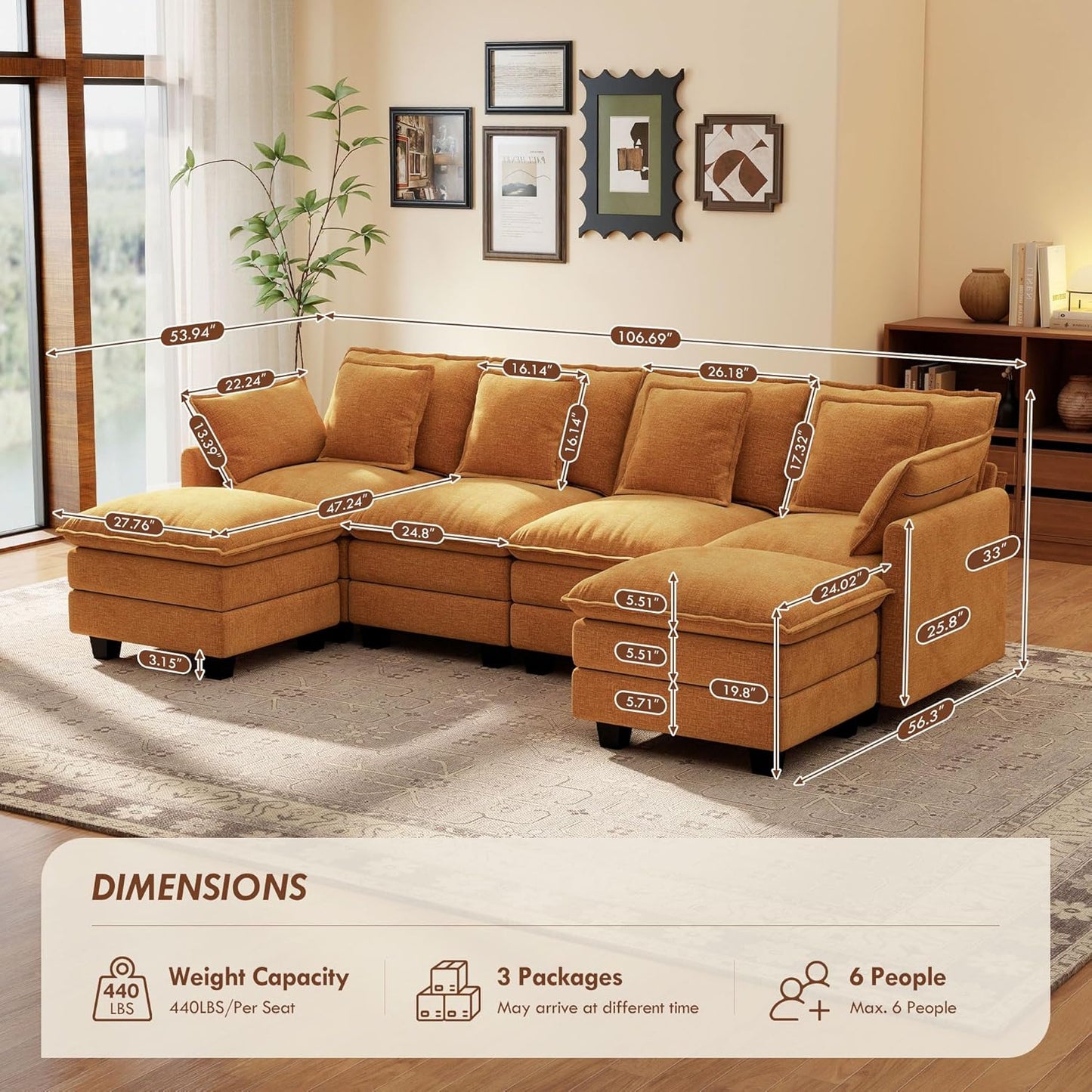 Ihanherry 106" L Shaped Modular Sectional Cloud Sofa, Modern 6 Seat Chenille Couch with Ottoman for Living Room, Bedroom and Apartment, Orange