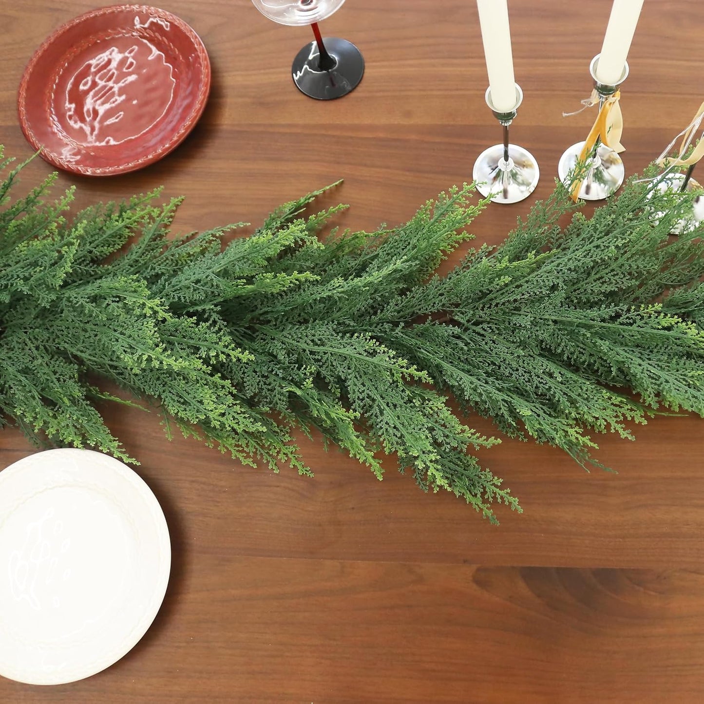 2PCS 9FT Christmas Cedar Garland Full Real Touch Artificial Green Faux Cypress Realistic Pine Garland for Mantle Fireplace Table Home Decoraiton