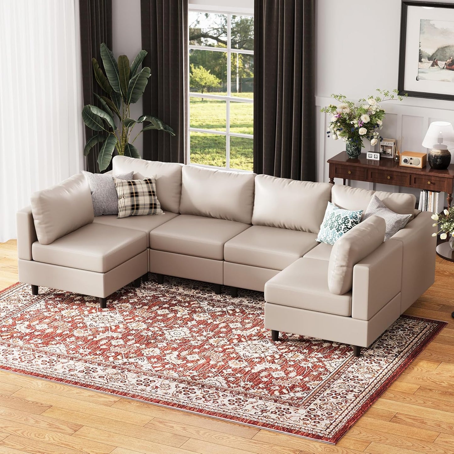 118.5" Faux Leather Modular Sectional Sofa with Storage Seat, Modern 6 Seater Couch Deep Seat with Removable Cover DIY Combination Whitesand