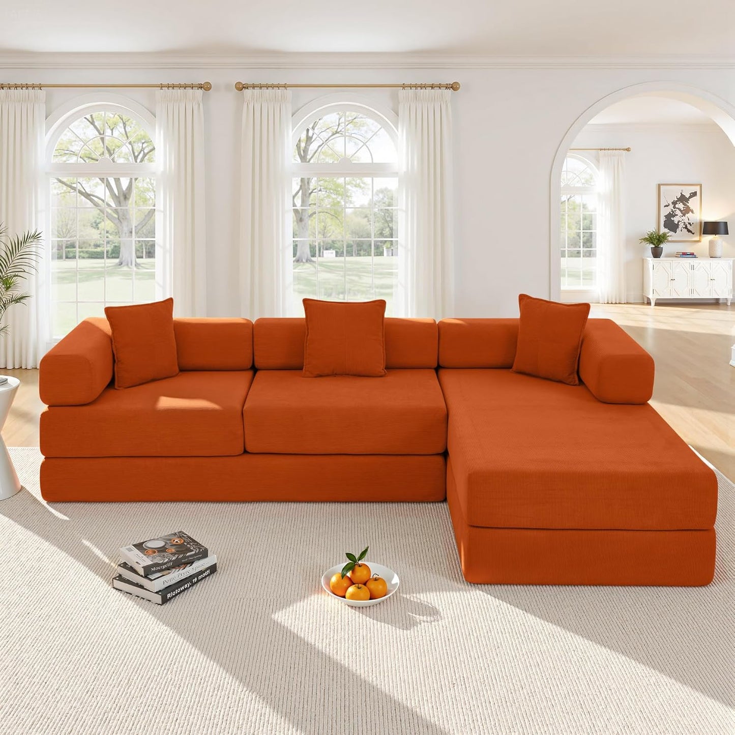 108" Oversized Convertible Sleeper Sofa Bed, Corduroy L Shape Sectional Couch, Folding Sofa Bed with Side Pocket, Modern Cloud Floor Mattress Couch, Modular Sofa for Living Room, Orange