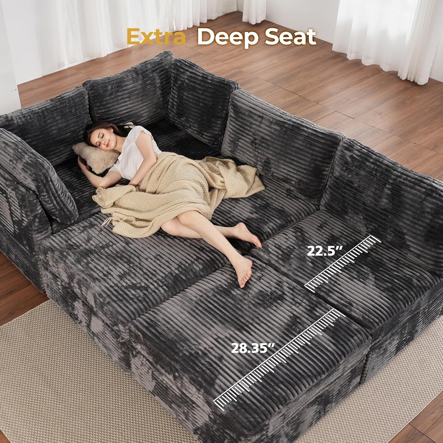 HOOOWOOO Modular Sectional Sofa,5 Pieces Sectional Couches for Living Room,98X66 L Shaped Cloud Couch with Ottoman Chaise Set(Grey Velvet Corduroy)