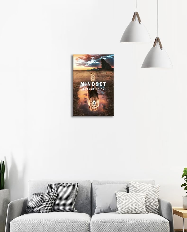 Inspirational Canvas Wall Art Motivational Positive Quotes Lion Poster Mindset is Everything Inspirational Painting Picture Print Artwork for Living Room Home Decor Office Framed[12" W X 18" H]