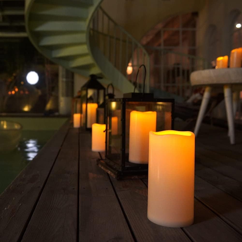 Homemory 4" x 6" Large Waterproof Outdoor Flameless Candles, Battery Operated Flickering LED Pillar Candles with Remote and Timers for Indoor Outdoor Lanterns, Long Lasting, Dark Ivory, Set of 4