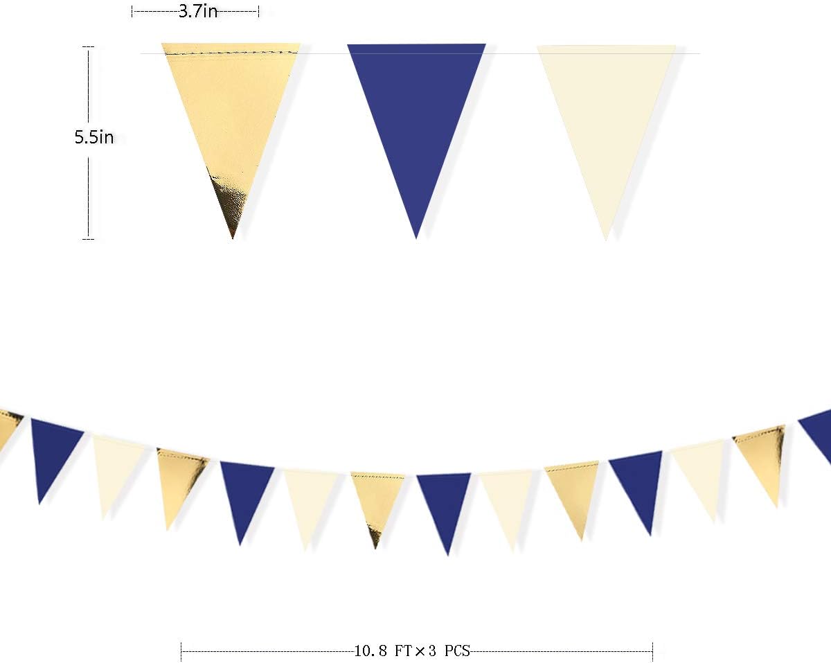 30Ft Navy Blue Gold and Beige Party Decorations Royal Blue Gold Triangle Flag Pennant Banner Bunting for Graduation Birthday Wedding Bridal Shower Nautical Ahoy Achor Theme Party Decorations Supplies