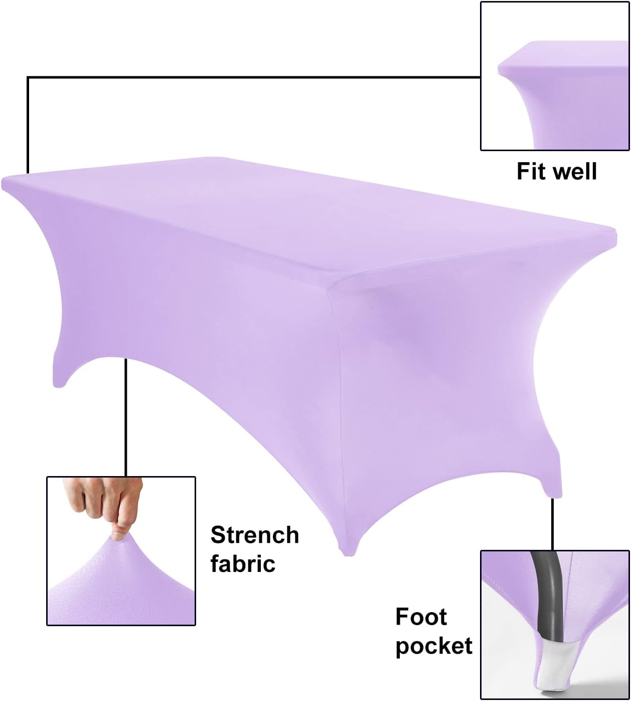 4Pack Spandex Waterproof Table Covers 8ft，Spandex 8ft Waterproof Table Cover for Party,Wedding, Banquet, and Events(Lavender)