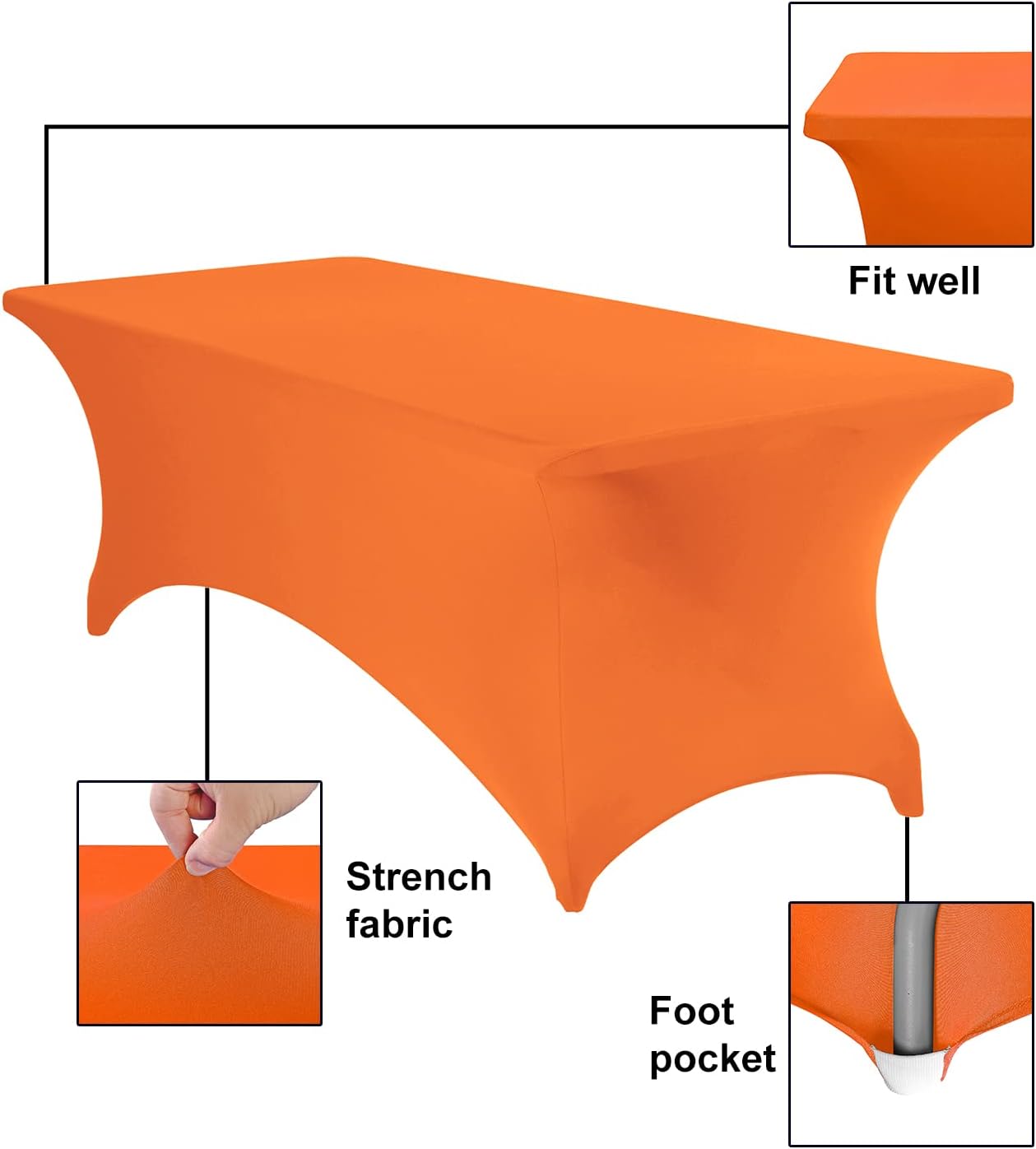 4Pack Spandex Waterproof Table Covers 8ft，Spandex 8ft Waterproof Table Cover for Party,Wedding, Banquet, and Events(Orange)