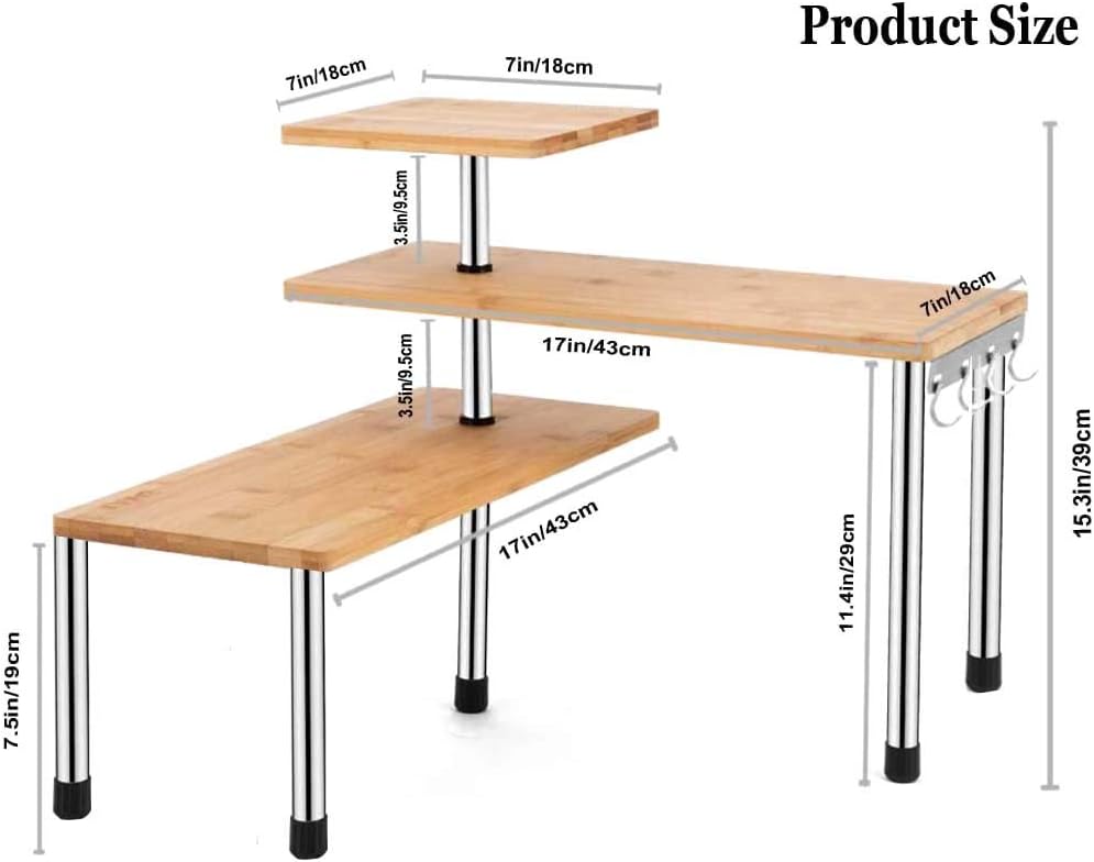 HYNAWIN Corner Shelf Bamboo & Metal Storage Spice Rack, 3 Tier Desk Bookshelf Display Shelves Space Saving Organizer, Adjustable Rack for Kitchen, Bed Room, Office-Best Home Décor (Upgraded Shelf)