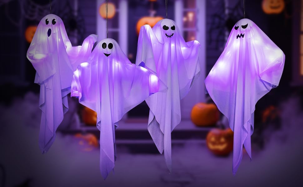 4 Pack Halloween Hanging Ghosts with LED Lights, 27.5 Inch Light Up Ghost Decorations for Indoor Outdoor, Lawn Yard Tree Hanging Halloween Ornaments, Spooky Lighted Party Supplies