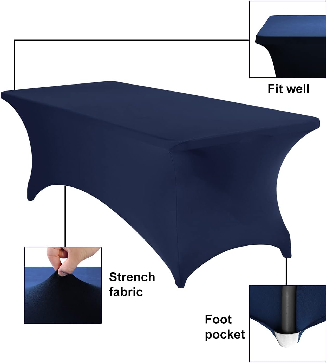 2Pack Spandex Waterproof Table Covers 8ft，Spandex 8ft Waterproof Table Cover for Party,Wedding, Banquet, and Events(Navy)