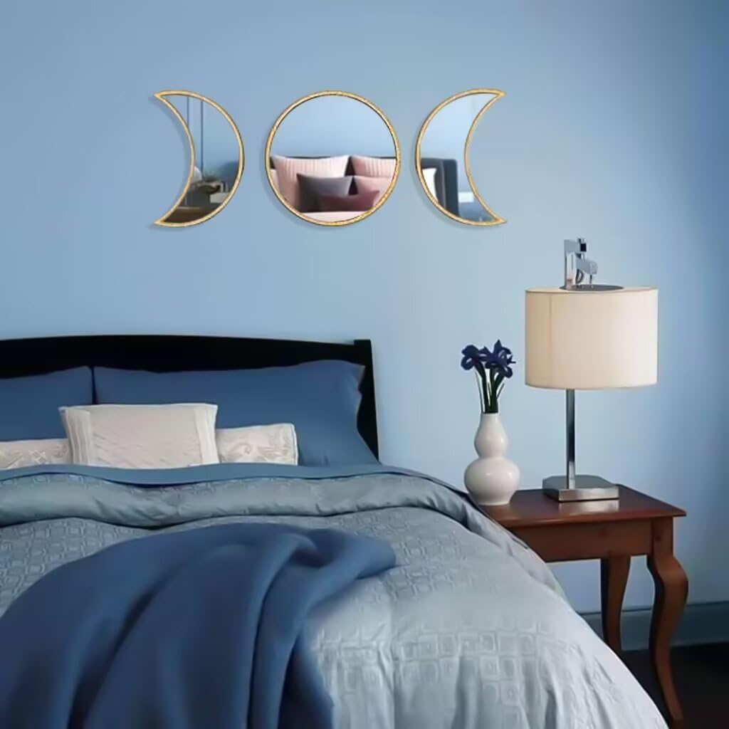 5 pcs Scandinavian Natural Decor Acrylic Moonphase Mirrors Interior Design Moon Phase Mirror Bohemian Wall Decoration for Home Living Room Bedroom Decor - No Need to Punch (Gold)
