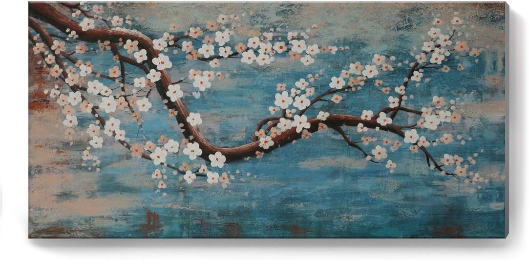 Huge Wall Art for Living Room 100% Hand-Painted Flower Oil Painting On Canvas Gallery Wrapped Floral Plum Blossom Artwork for Bedroom Office Decor One Panel 60x30inch Extra Large