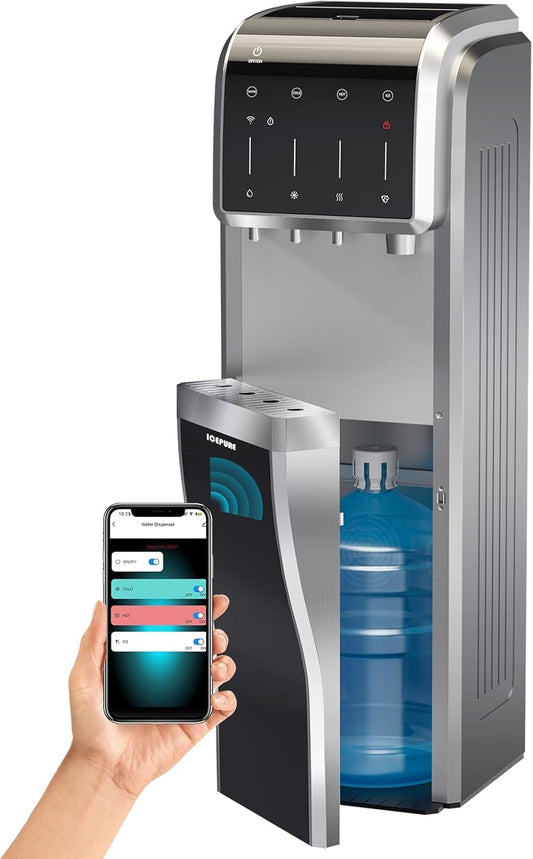 ICEPURE Multi-Function WiFi Water Cooler with Bullet and Crushed/Chewable Ice Maker, 5 Gallon Bottle Bottom Loading, Hot Cold Water Dispenser Built-in Ice Machine Combo, 35lbs/24H, Stainless Steel
