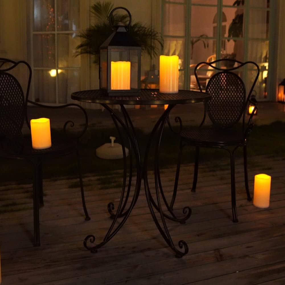Homemory 4" x 8" Waterproof Outdoor Flameless Candles, Battery Operated Flickering LED Pillar Candles with Remote and Timers for Indoor Outdoor Lanterns, Long Lasting, Large, Dark Ivory, Set of 4