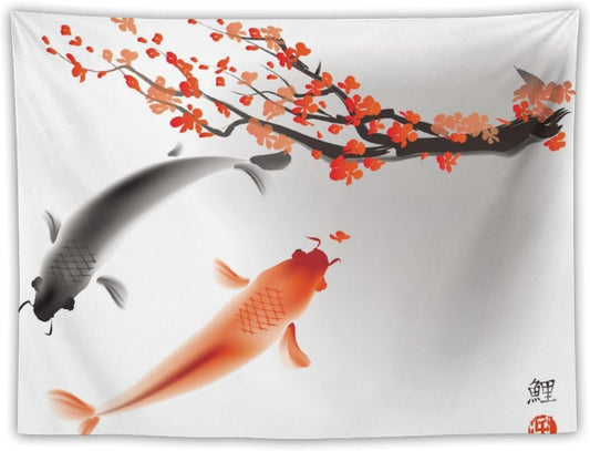 Houselerax Japanese Koi Fish Tapestry, Cherry Blossoms Asian Oriental Flower Branch Koi Fish Carp Tapestries Wall Hanging for Bedroom Living Room Office Decor 80"x60"