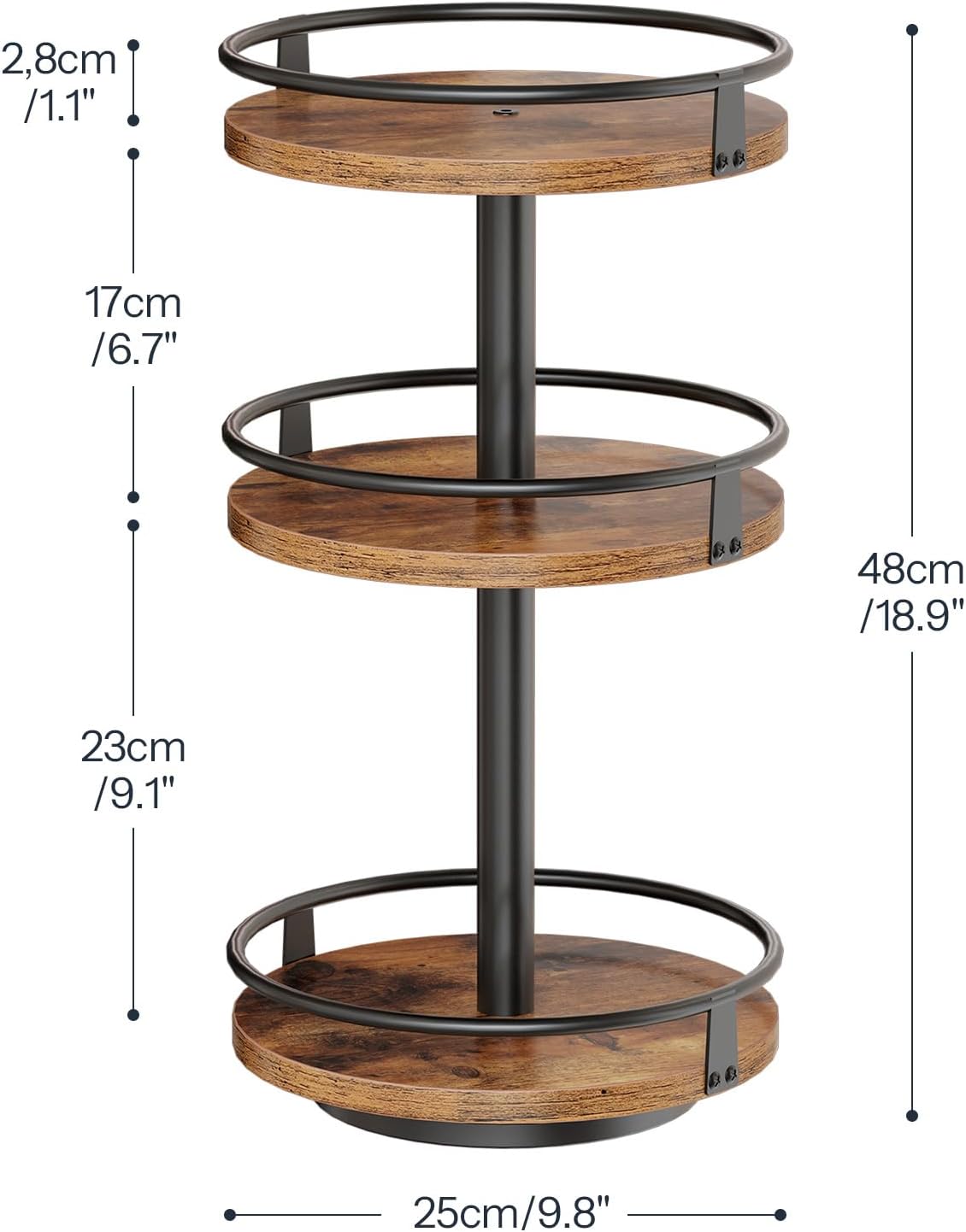 HOOBRO 3-Tier Lazy Susan Organizer, Rotating Spice Rack, Turntable Spice Rack, Vertical Storage Organizer, for Kitchen Countertop, Vanity, Dining Table, Rustic Brown and Black BF09TL01