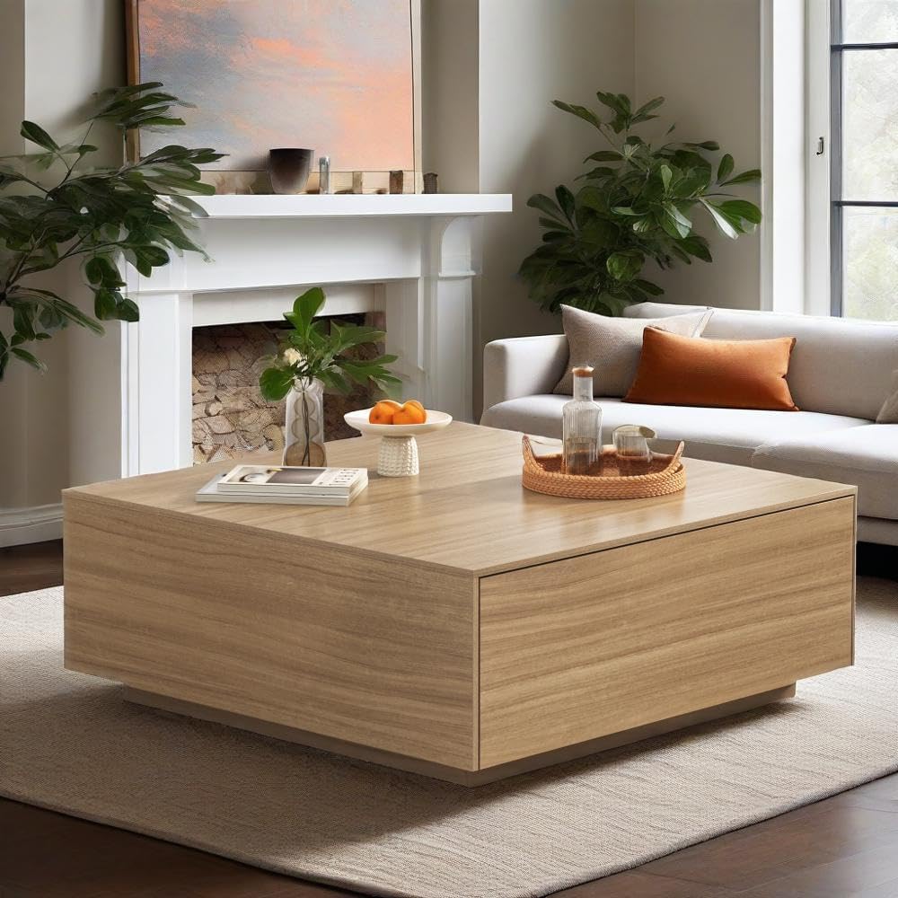 43” Square Coffee Table with Storage, 43" D x 43" W x 17" H Modern Large Square Center Table with 2 Drawers, Wood Coffee Table for Living Room, Light Brown,Bedroom,Light Brown