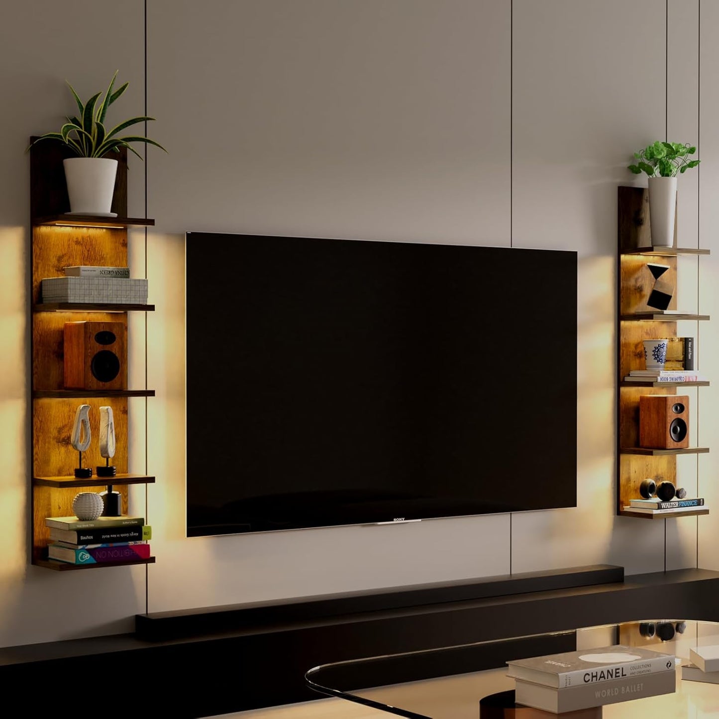 5 Tier Wall Shelf Unit, Modern Vertical Lack Wall Shelves with Light, Wall Mount, Floating Column Home Decor Shelves for Bedroom, Living Room, Vanity Storage Display(Dark Brown)