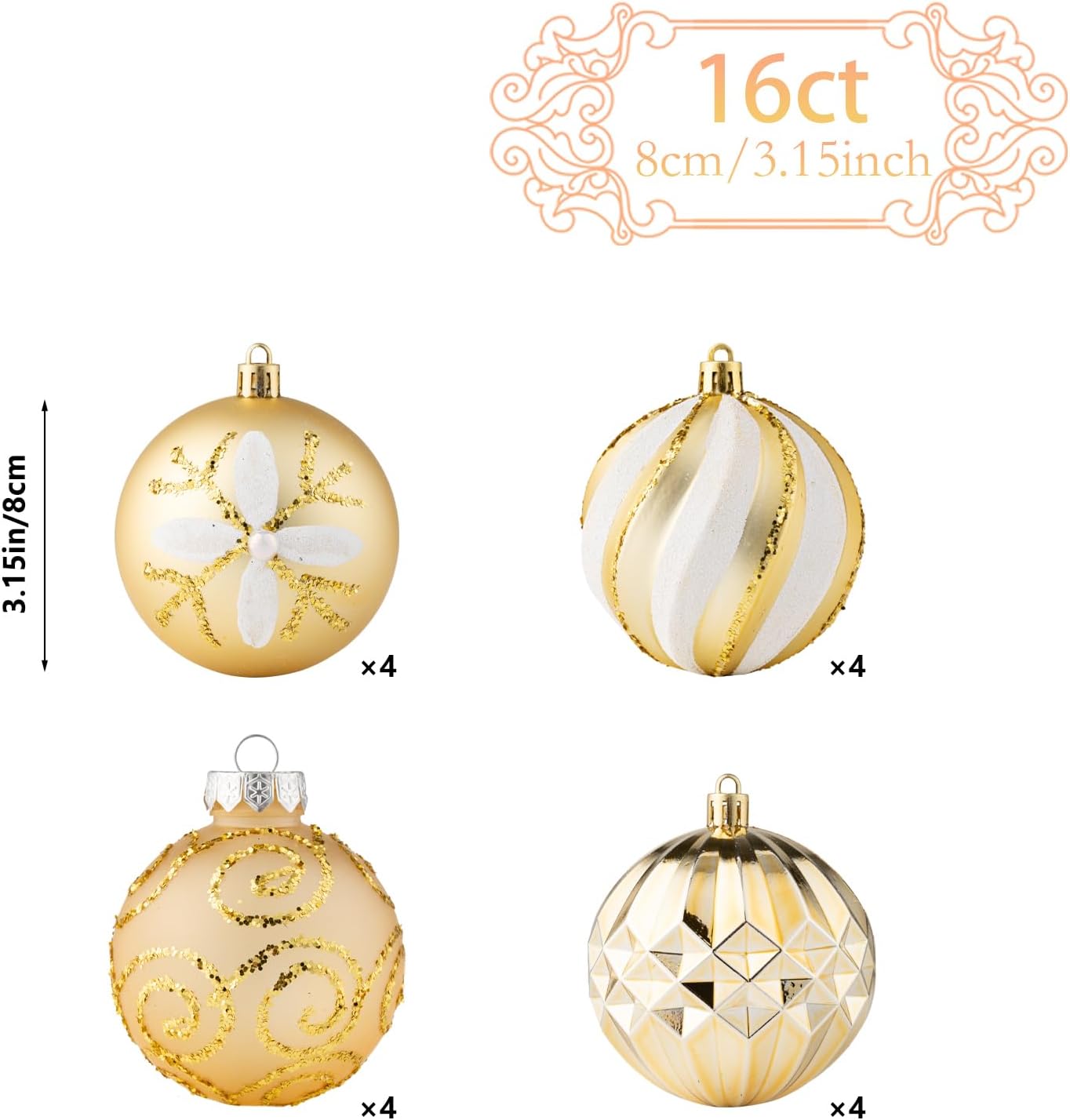 16Pcs Christmas Ball Ornaments Set, 3.15" Shatterproof Christmas Ornaments, Luxury Glitter Hanging Ornaments for Xmas Tree, Xmas Holiday, Party, Wedding (Gold)